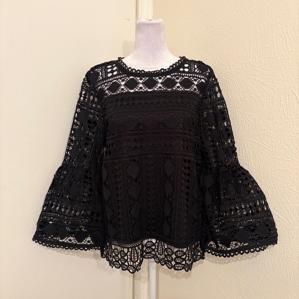 Ellison Black Crochet Eyelet Lace Bell Sleeve Blouse Boho Whimsygoth Retro L